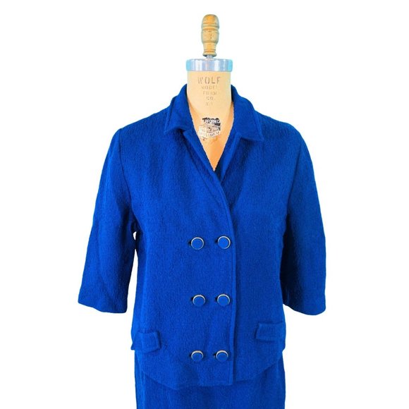 Vintage 60s Suit Set Womens Large Mod Blue Textured Top & Skirt Outfit - Picture 3 of 9